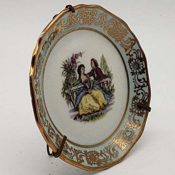 Limoges France Porcelain Baby Blue Gold Floral Gilt Romantic Couple Mini Plate - Picture 5 of 7